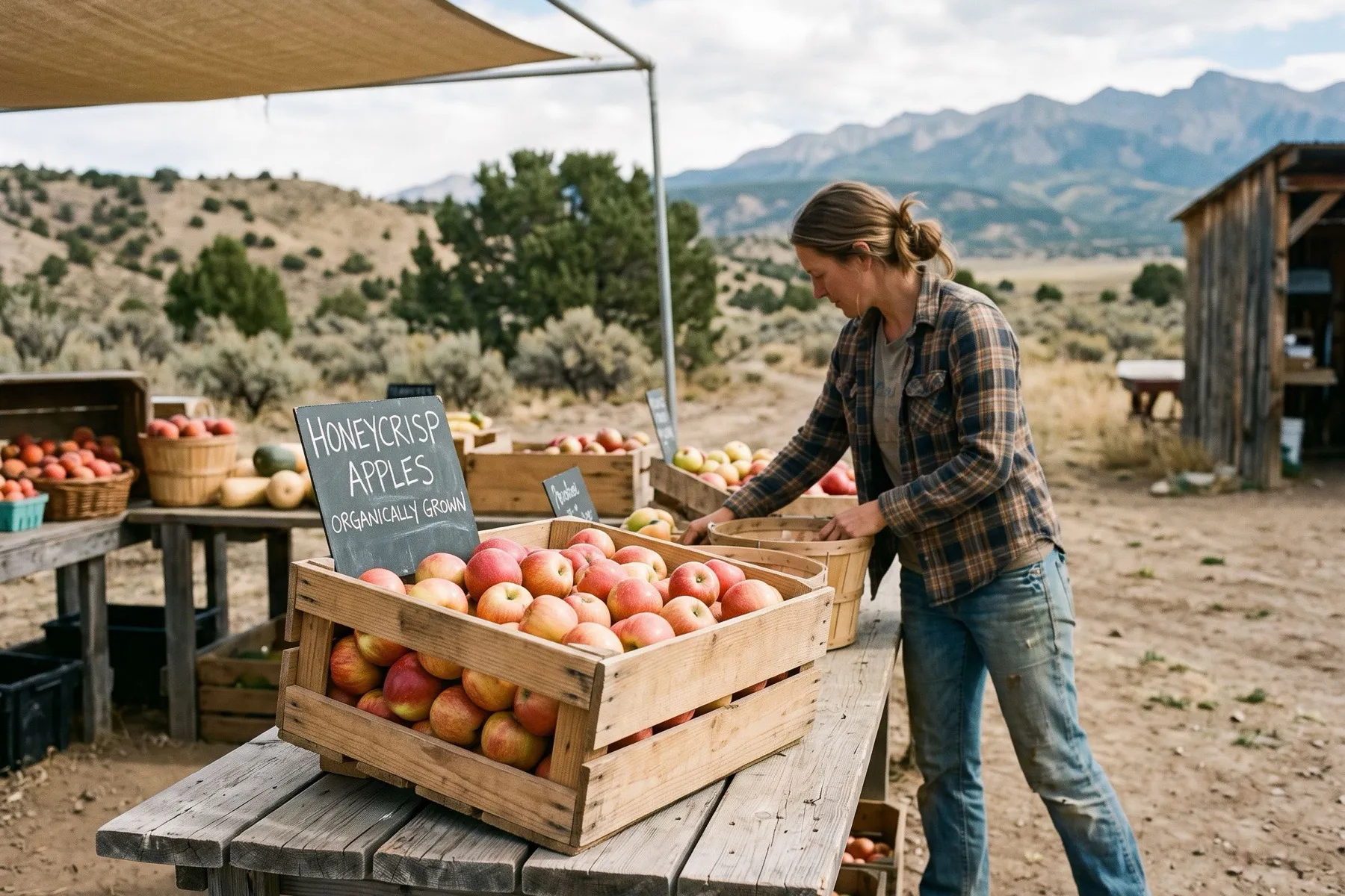 A wooden crate full of red-and-gold Honeycrisp apples on a farm stand table