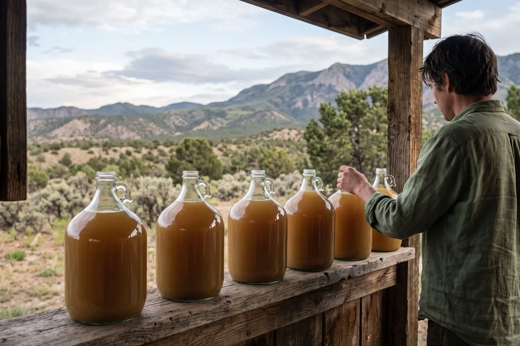 Glass jugs of cloudy amber cider lined up on a shaded porch shelf