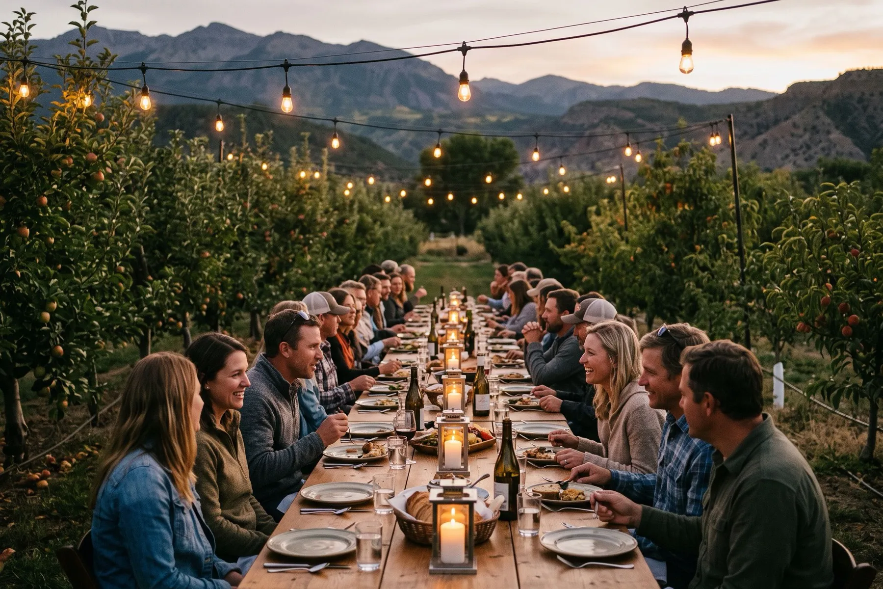 A long candlelit table set between orchard rows at dusk, guests seated and string lights overhead