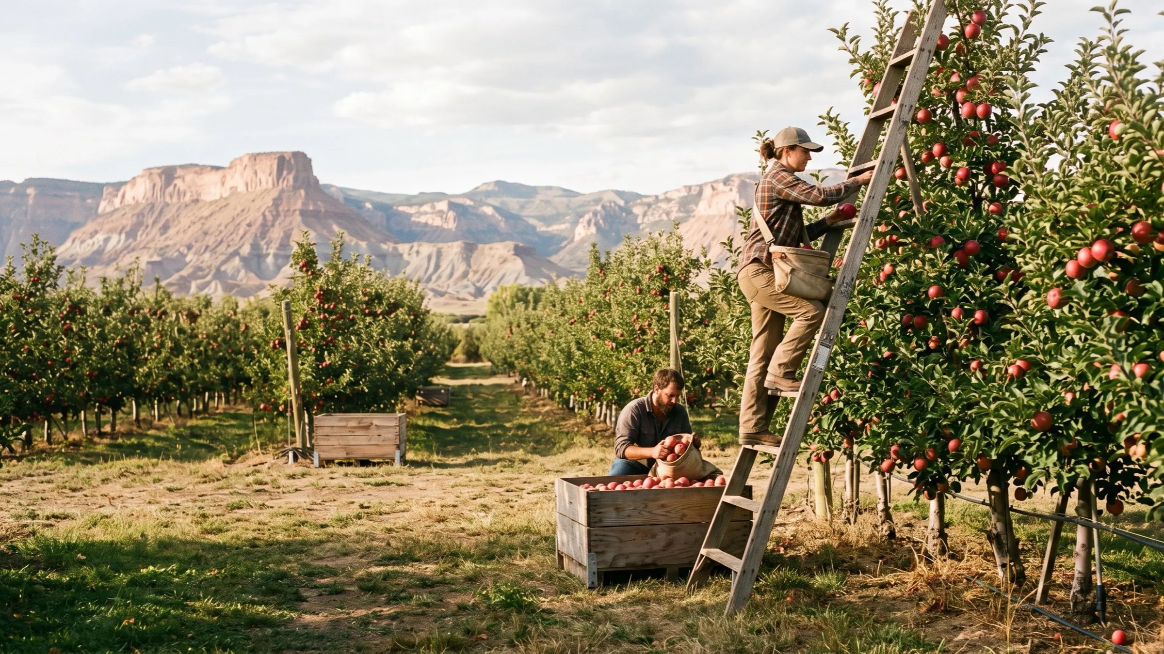 Rows of apple trees heavy with red fruit in late-afternoon light, a wooden picking ladder against one tree and mesas on the horizon