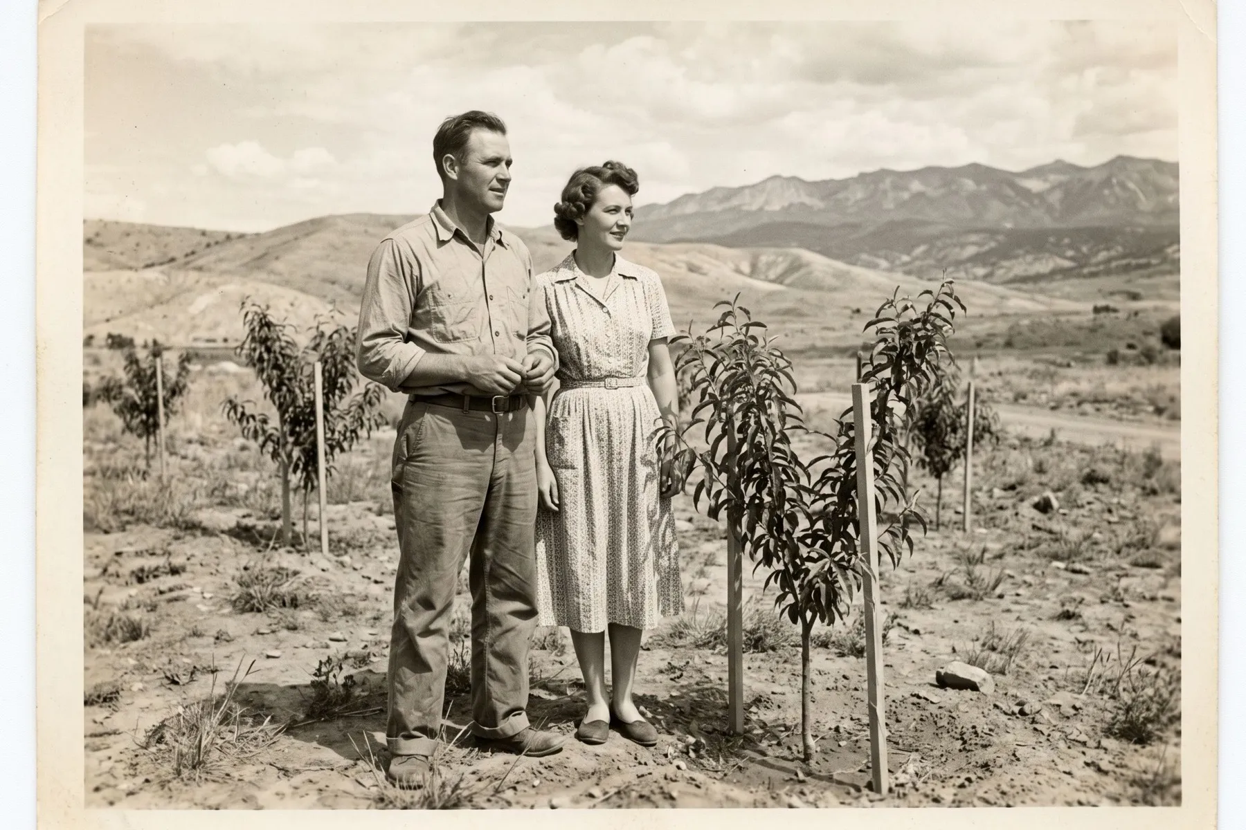 A faded family photo of a couple standing beside young peach trees in the 1950s