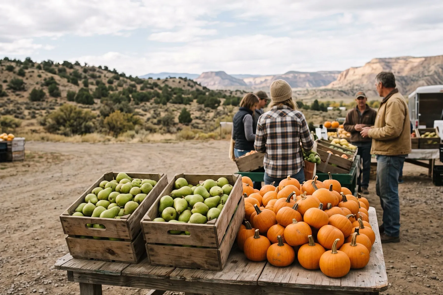 Baskets of green pears next to a pile of small orange pie pumpkins