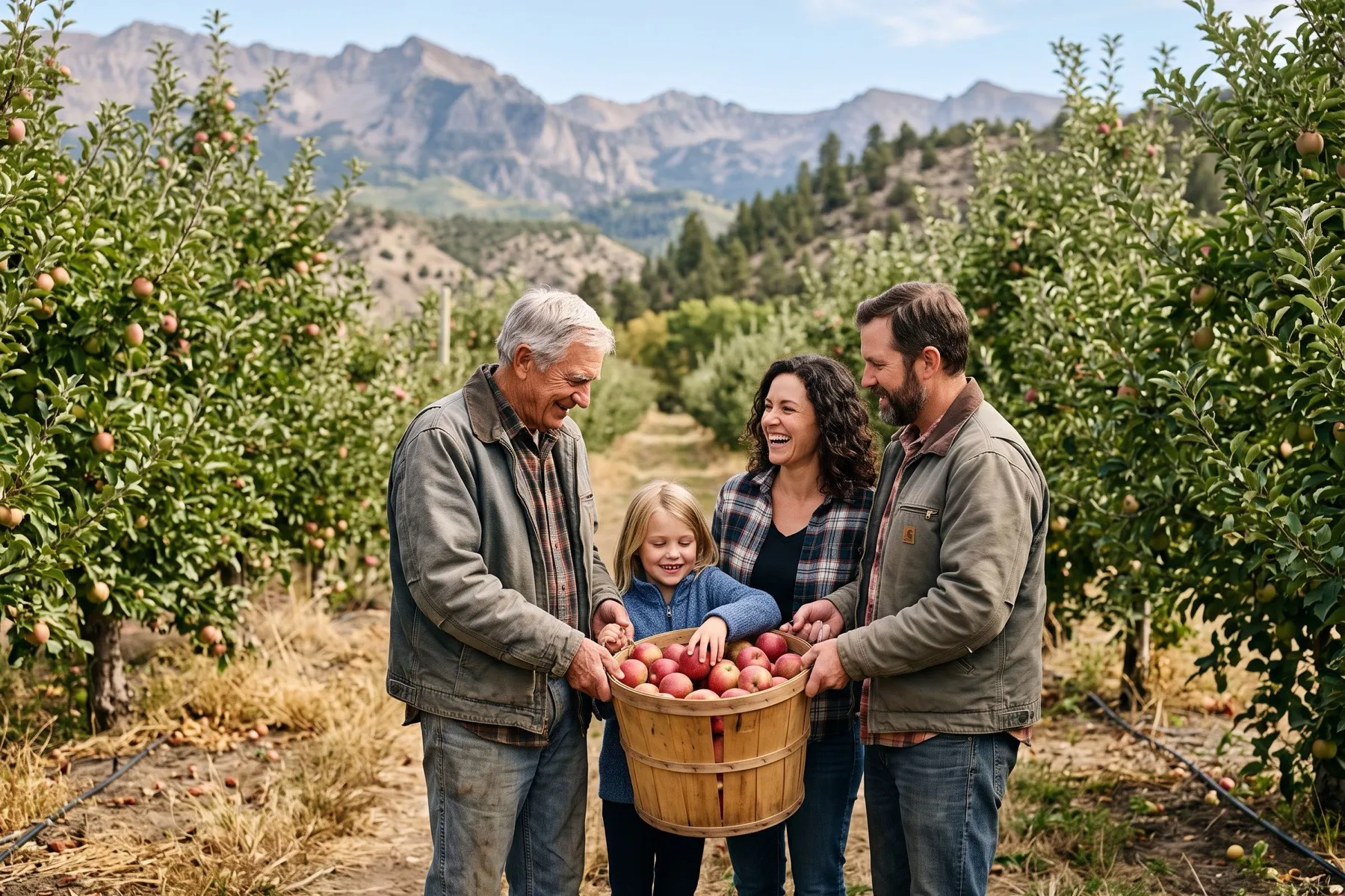 A family of four standing in an orchard row holding a bushel basket of apples