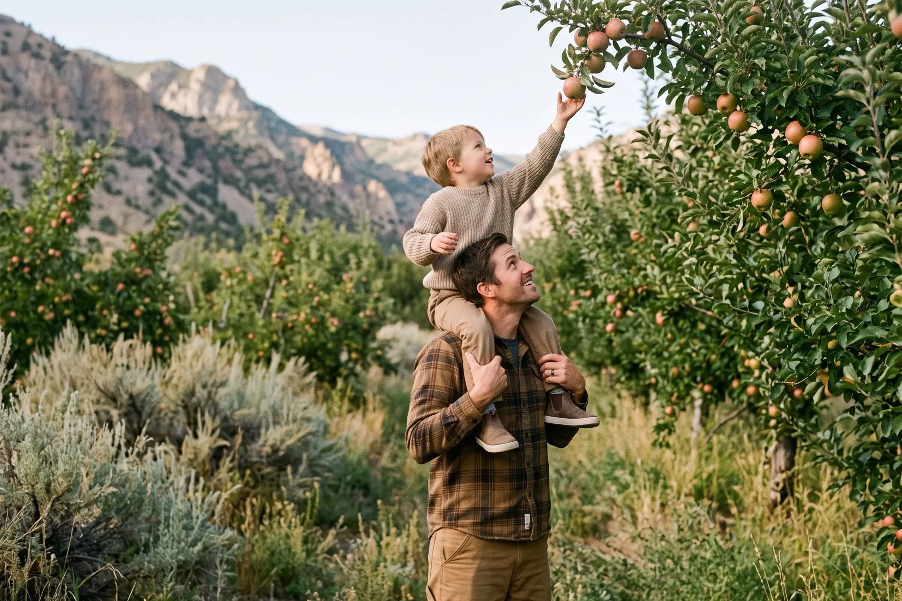 A child on a parent's shoulders reaching for an apple in a tree