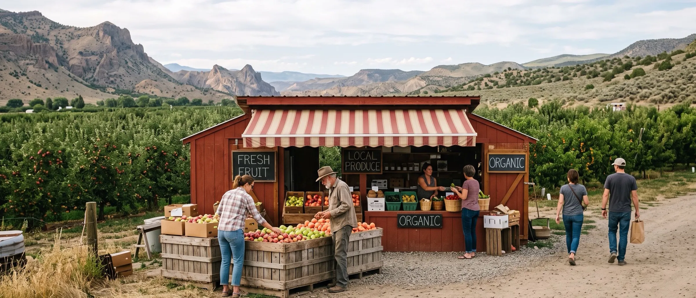 A red wooden farm stand with a striped awning, fruit crates out front, and an orchard behind